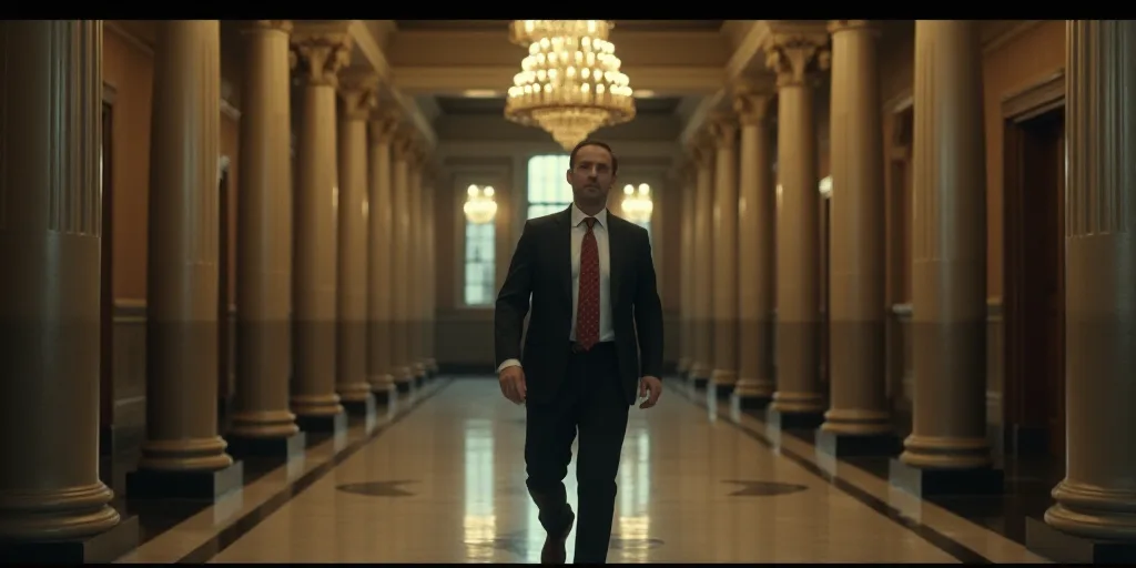 a man in a suit and tie walking down a hallway in a building with columns and a chandelier, Donald R