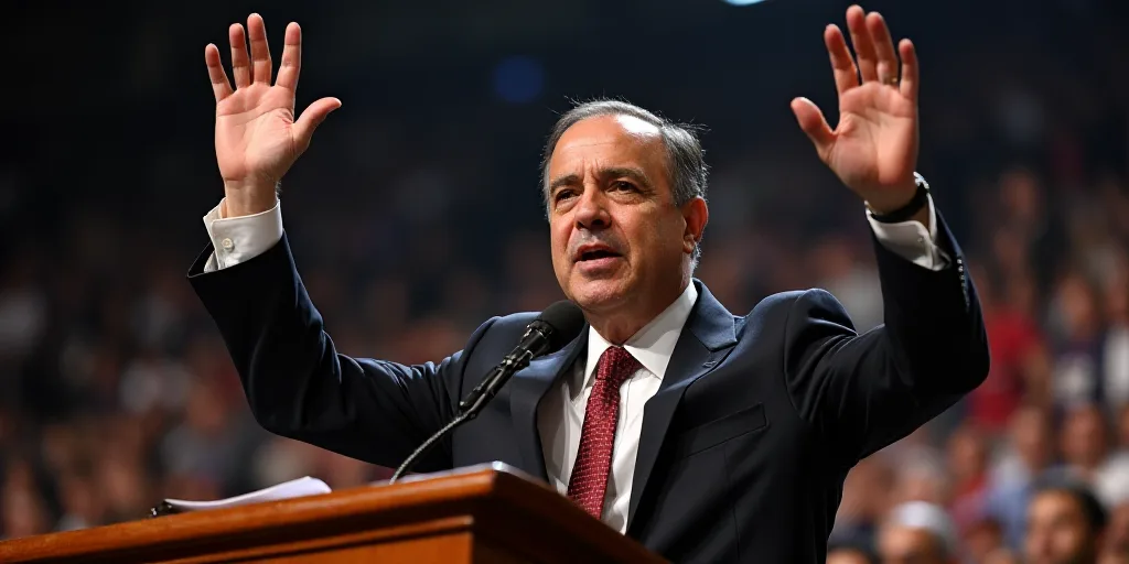 a man in a suit and tie waves to the crowd from a podium with his hands up in the air, Alejandro Obr