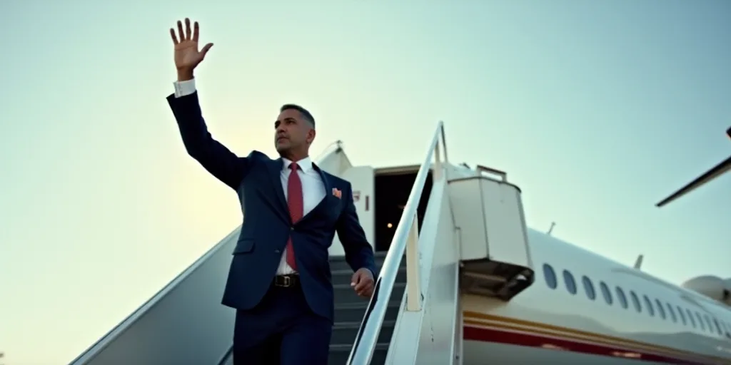 a man in a suit and tie waves from a plane ladder as he stands on the tarmac with his fist raised, D