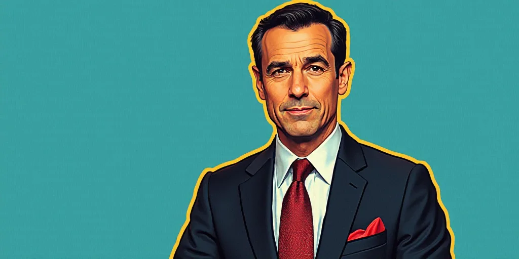 a man in a suit and tie with a blue background and a yellow border around him is a business card wit