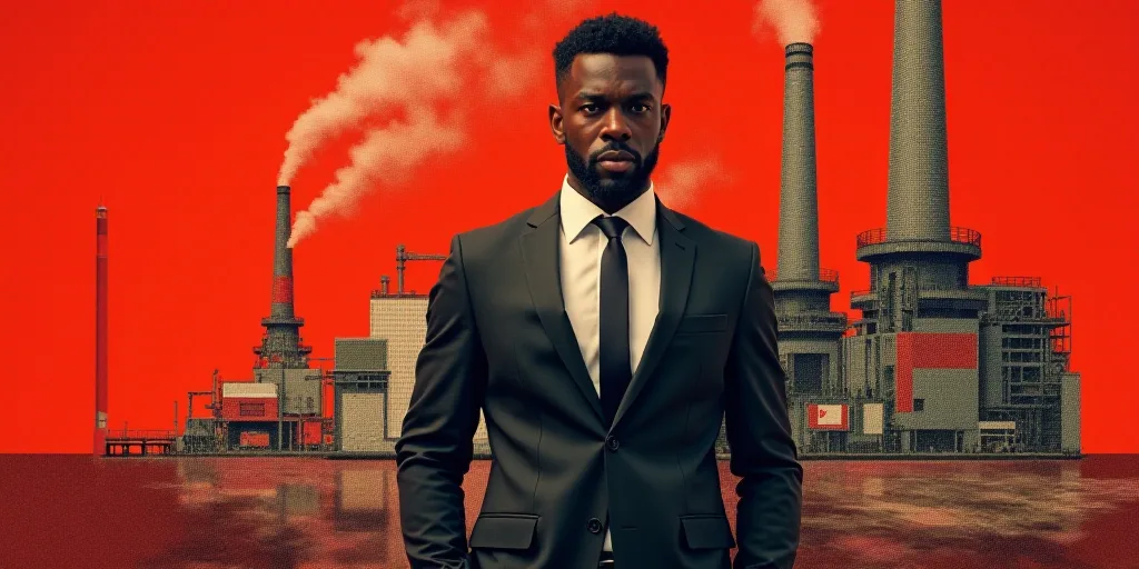 a man in a suit and tie with a red background and a collage of images of a factory, Andries Stock, h