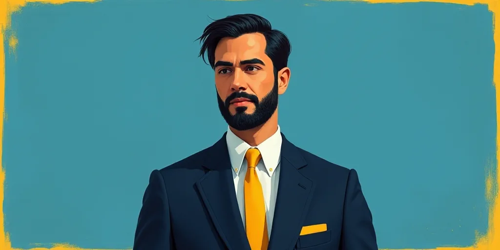 a man in a suit and tie with a blue background and a yellow border around him is a business card wit
