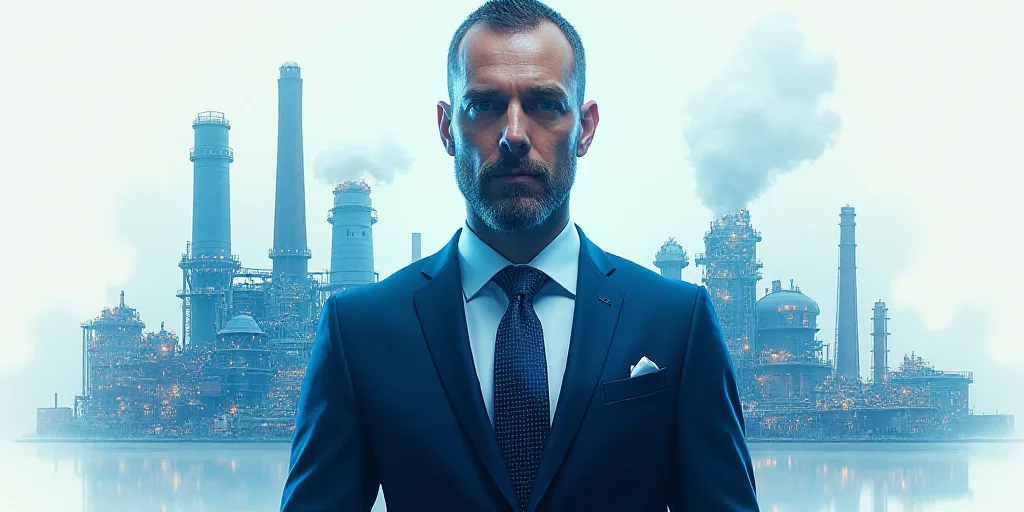 a man in a suit and tie with a picture of a factory behind him and a blue background with a white ba