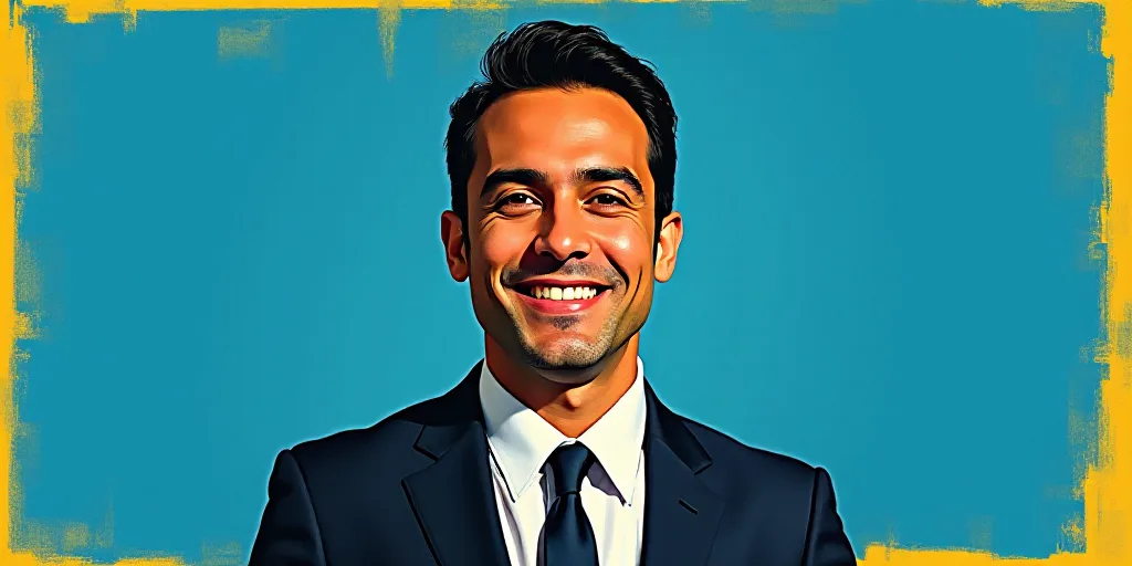 a man in a suit and tie with a blue background and a yellow border around him is a business card wit