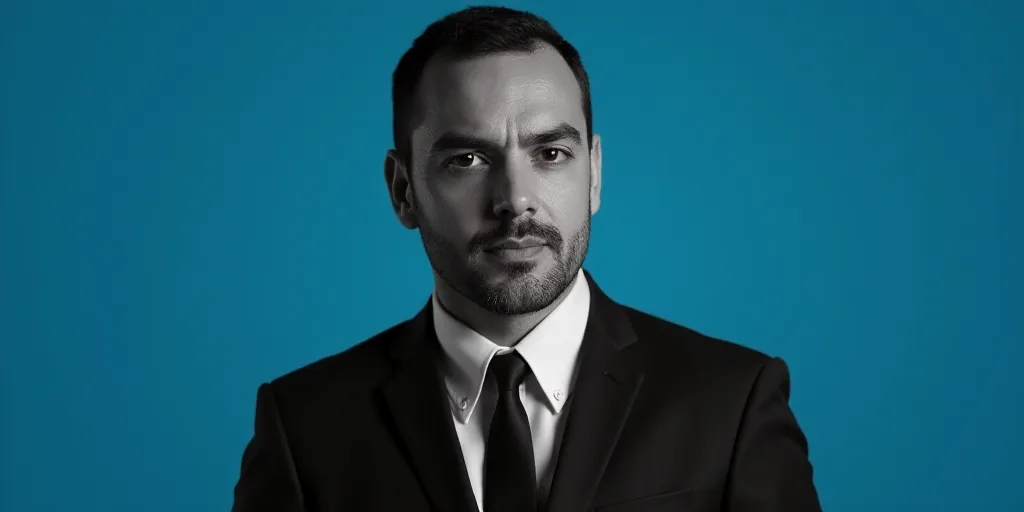 a man in a suit and tie with a blue background and a black and white photo of him with the caption,