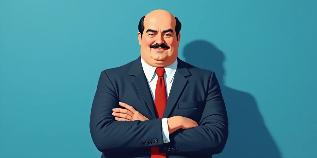a man in a suit and tie with his arms crossed and his arms crossed, with a blue background, Fernando
