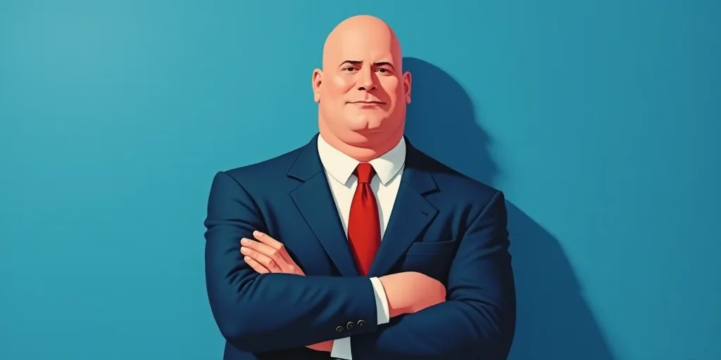 a man in a suit and tie with his arms crossed and his arms crossed, with a blue background, Fernando