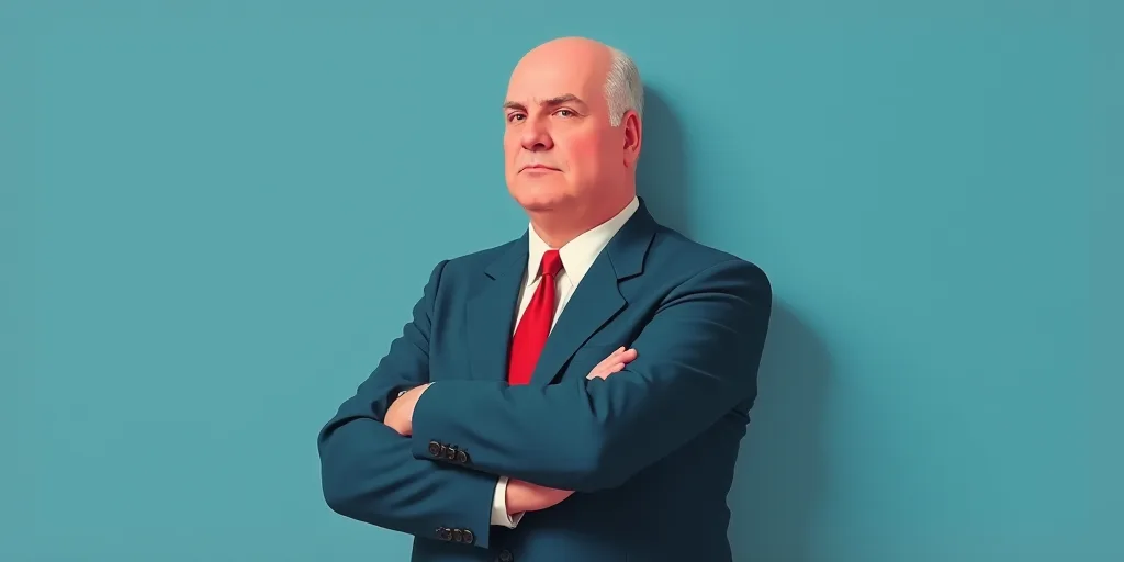 a man in a suit and tie with his arms crossed and his arms crossed, with a blue background, Fernando