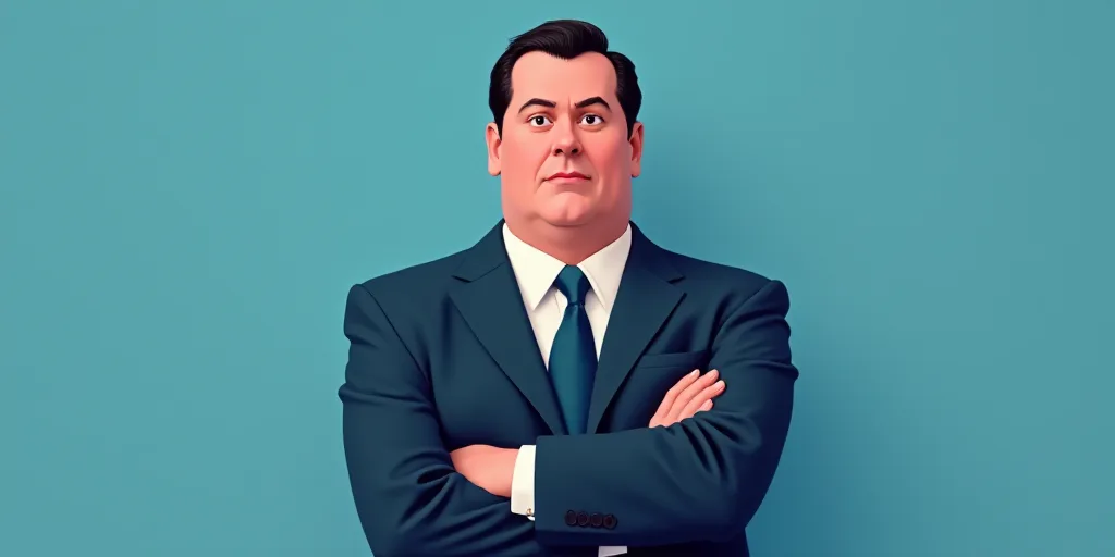 a man in a suit and tie with his arms crossed and his arms crossed, with a blue background, Fernando