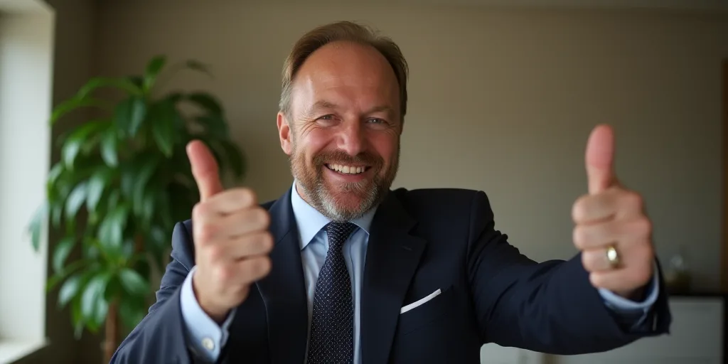 a man in a suit giving a thumbs up sign in a room with a potted plant in the background, Donald Roll