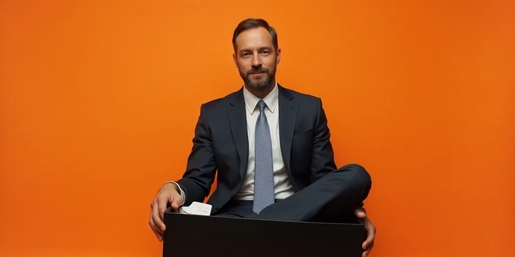 a man in a suit holding a black box in his hands and a white shirt and tie on his lap, Donald Roller