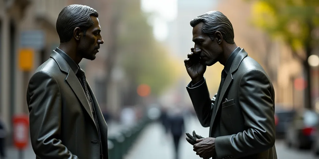 a man in a suit holding a cell phone to his ear and a statue of a man in a suit, Donald Roller Wilso