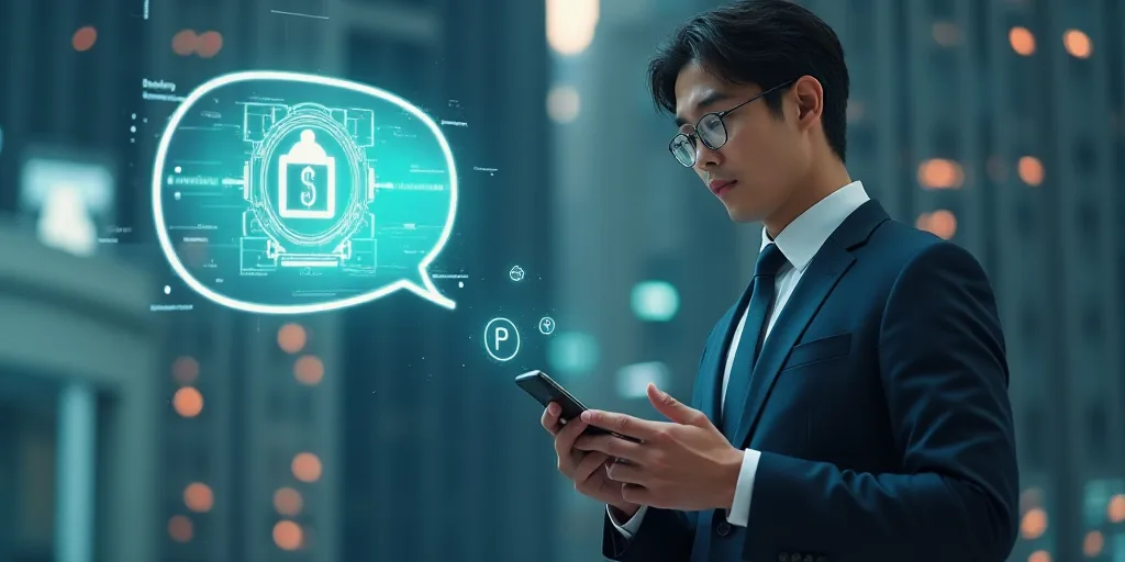 a man in a suit holding a cell phone with a symbol on it and a speech bubble above it, Ai-Mitsu, cyb