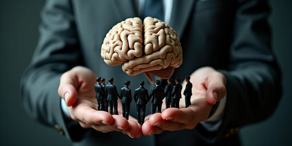 a man in a suit holding a small group of people in front of a brain model in his hands, Andries Stoc