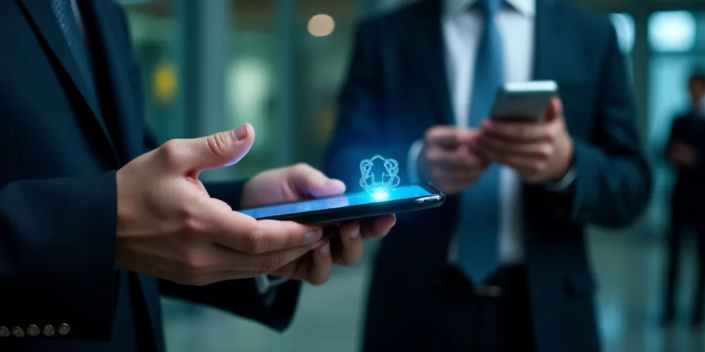 a man in a suit holding a tablet with a symbol on it and a person in a suit holding a phone, Allen T