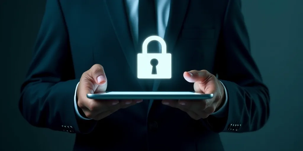 a man in a suit holding a tablet with a padlock on it and a padlock on the screen, Allen Tupper True