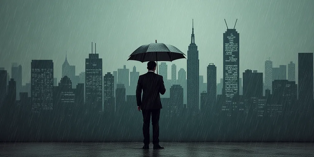 a man in a suit holding an umbrella in front of a cityscape wall with buildings drawn on it, Andries