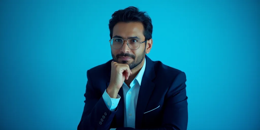 a man in a suit is posing for a picture with his chin resting on his hand, with a blue background, A