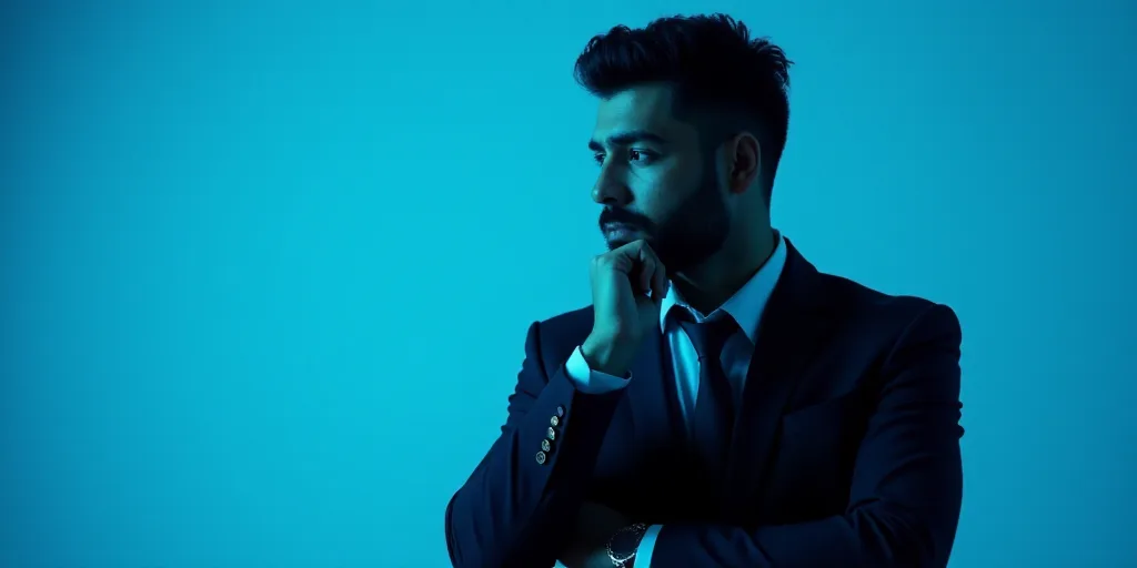 a man in a suit is posing for a picture with his chin resting on his hand, with a blue background, A