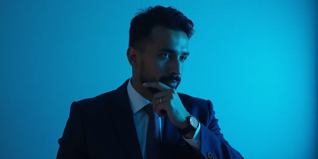 a man in a suit is posing for a picture with his chin resting on his hand, with a blue background, A
