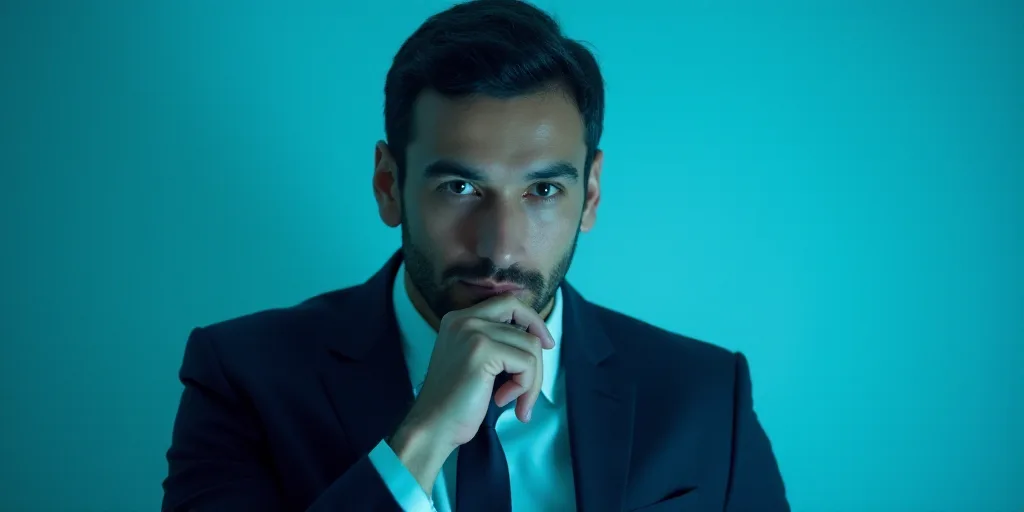 a man in a suit is posing for a picture with his chin resting on his hand, with a blue background, A