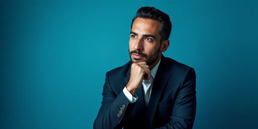 a man in a suit is posing for a picture with his chin resting on his hand, with a blue background, A