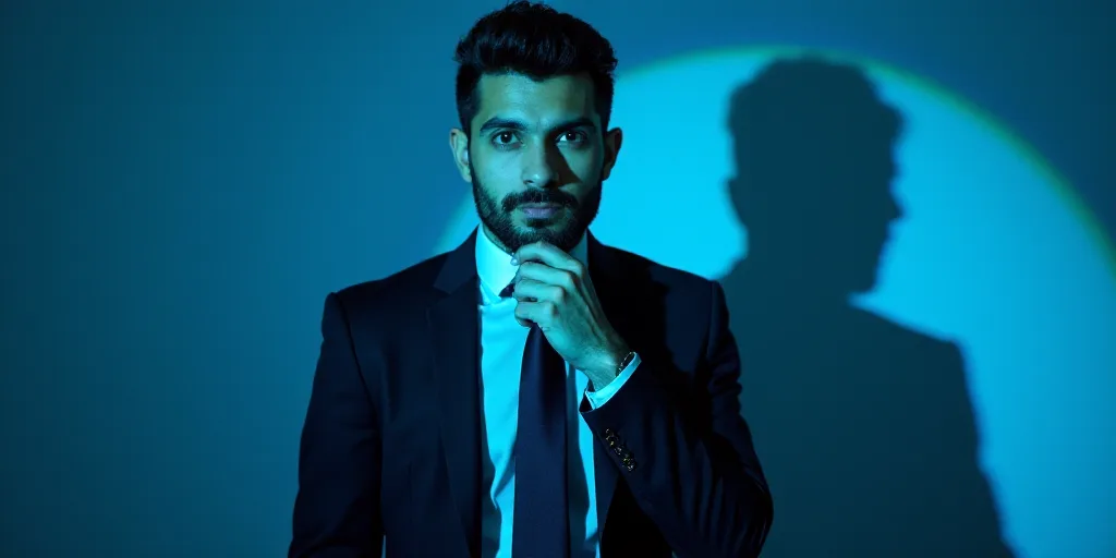 a man in a suit is posing for a picture with his chin resting on his hand, with a blue background, A