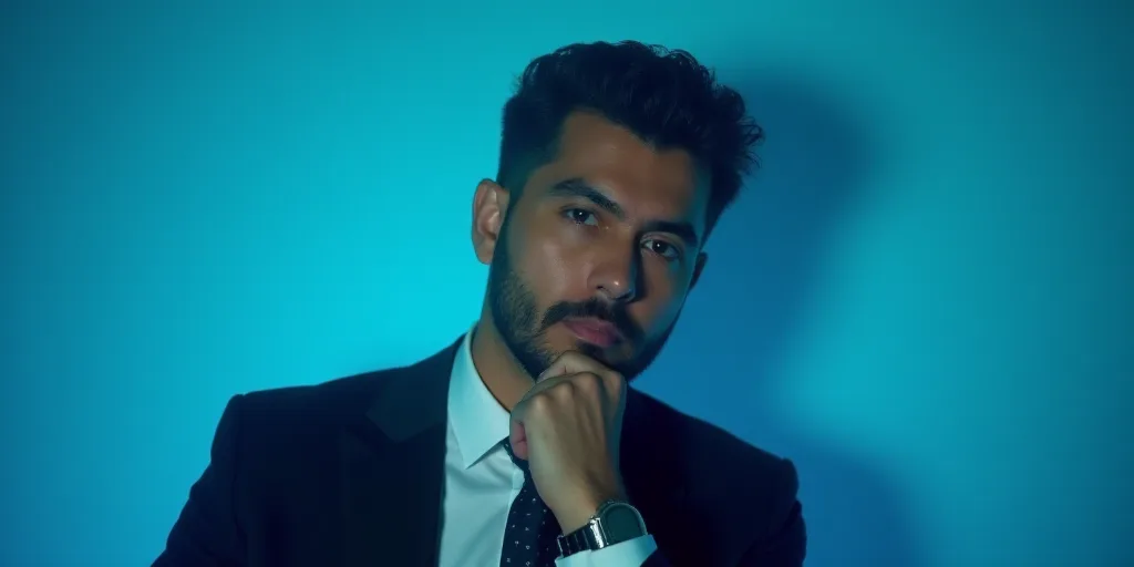 a man in a suit is posing for a picture with his chin resting on his hand, with a blue background, A