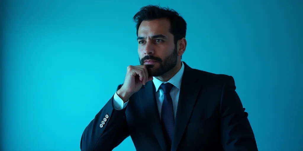 a man in a suit is posing for a picture with his chin resting on his hand, with a blue background, A