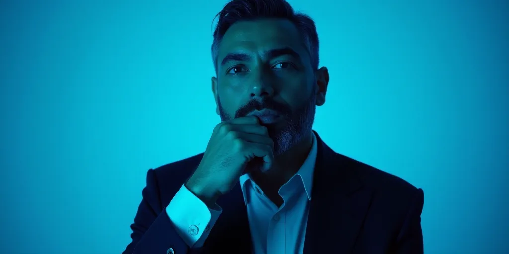 a man in a suit is posing for a picture with his chin resting on his hand, with a blue background, A