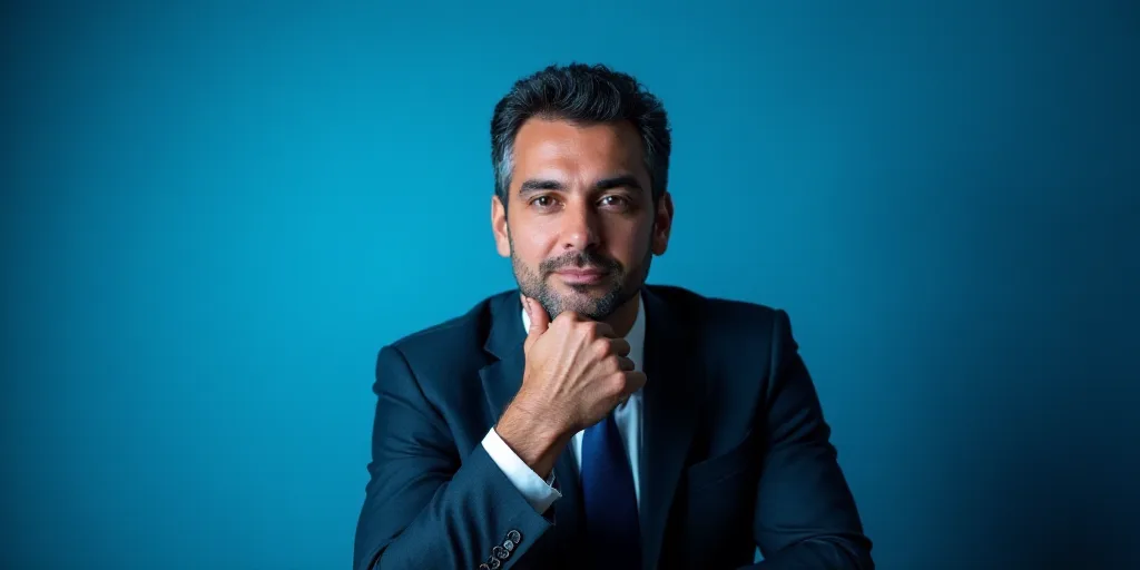 a man in a suit is posing for a picture with his chin resting on his hand, with a blue background, A