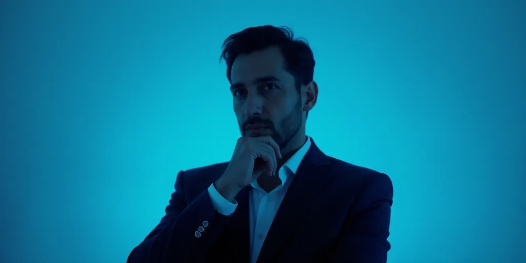 a man in a suit is posing for a picture with his chin resting on his hand, with a blue background, A