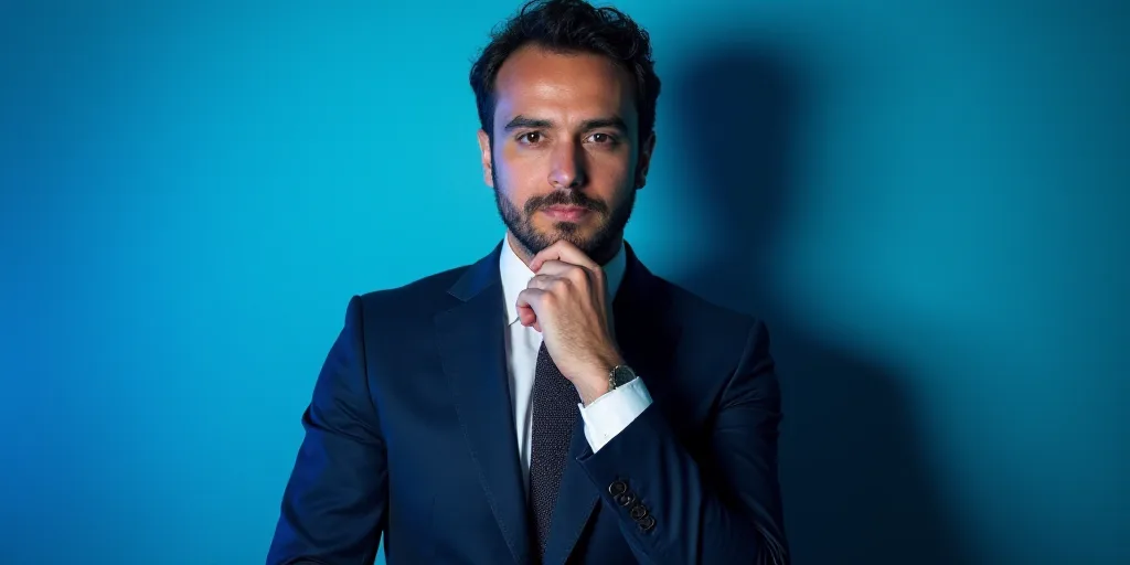 a man in a suit is posing for a picture with his chin resting on his hand, with a blue background, A