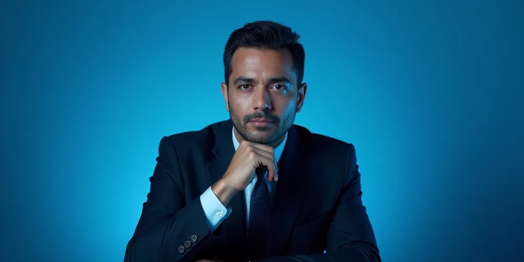 a man in a suit is posing for a picture with his chin resting on his hand, with a blue background, A