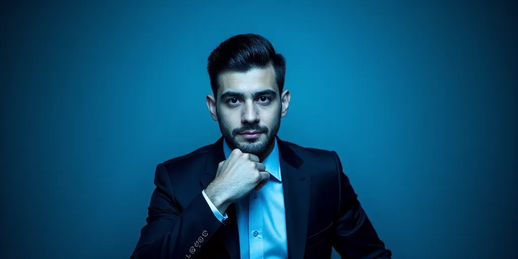 a man in a suit is posing for a picture with his chin resting on his hand, with a blue background, A