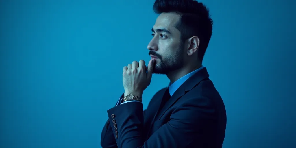 a man in a suit is posing for a picture with his chin resting on his hand, with a blue background, A