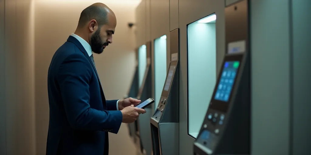a man in a suit is using a cell phone to pay for something on a machine that is in a public restroom