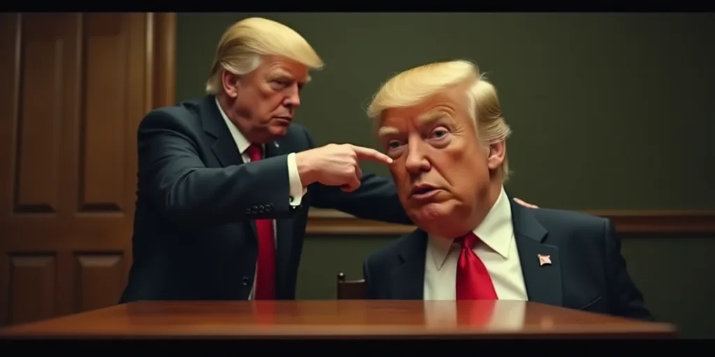 a man in a suit pointing at a fake donald trump head on a table with a red tie on, Donald Roller Wil