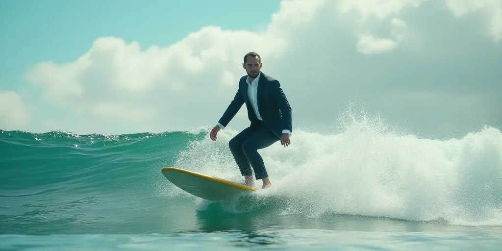 a man in a suit riding a surfboard on a wave in the ocean with a sky background and clouds, Andries