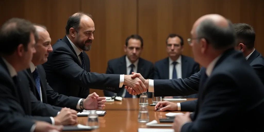 a man in a suit shaking hands with another man in a suit at a table with other people in suits, Avig
