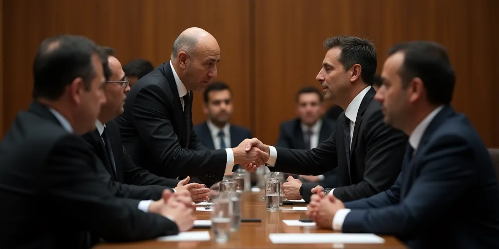 a man in a suit shaking hands with another man in a suit at a table with other people in suits, Avig