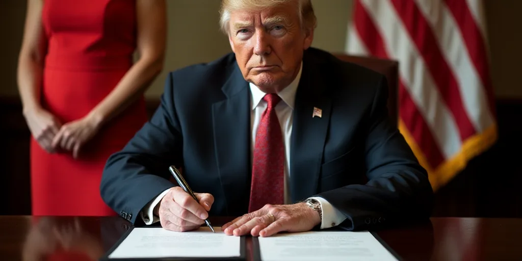 a man in a suit signing a document with a woman in a red dress and a flag in the background, Donald