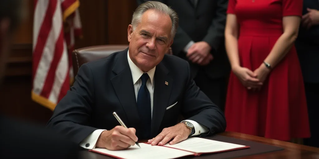 a man in a suit signing a document with a woman in a red dress and a flag in the background, Donald