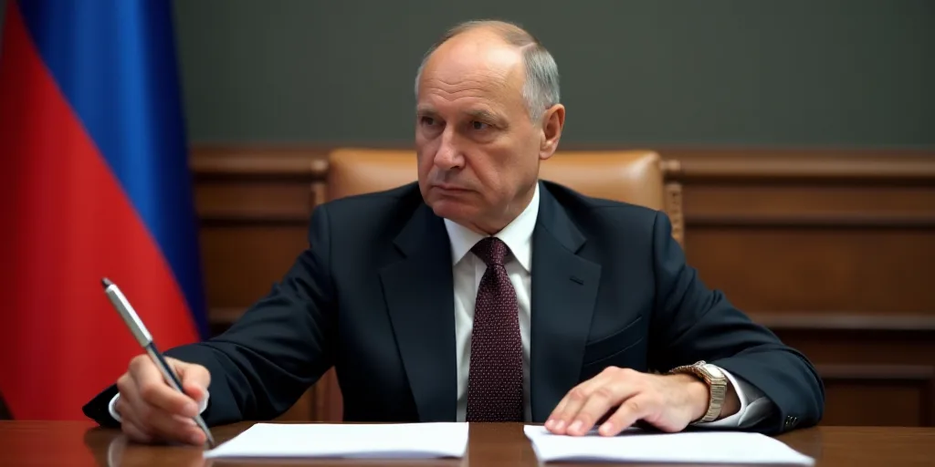 a man in a suit sitting at a table with papers and a pen in his hand and a russian flag behind him,