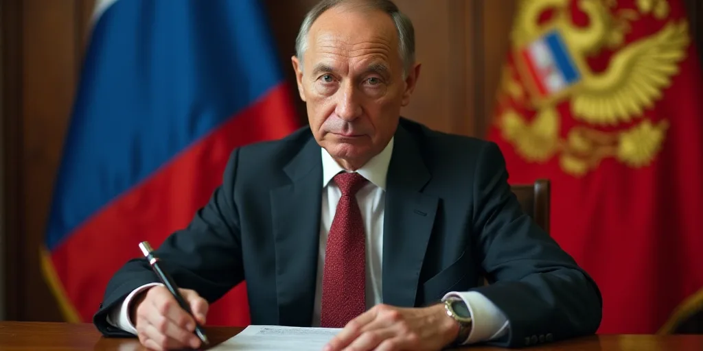 a man in a suit sitting at a table with a pen in his hand and a russian flag behind him, Boris Vladi