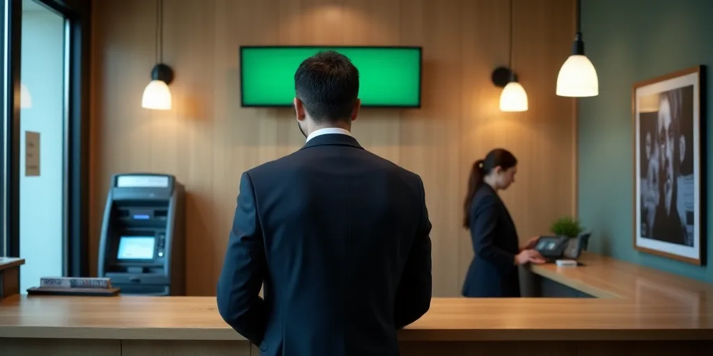 a man in a suit standing at a counter in a bank office with a woman in the background looking at a a