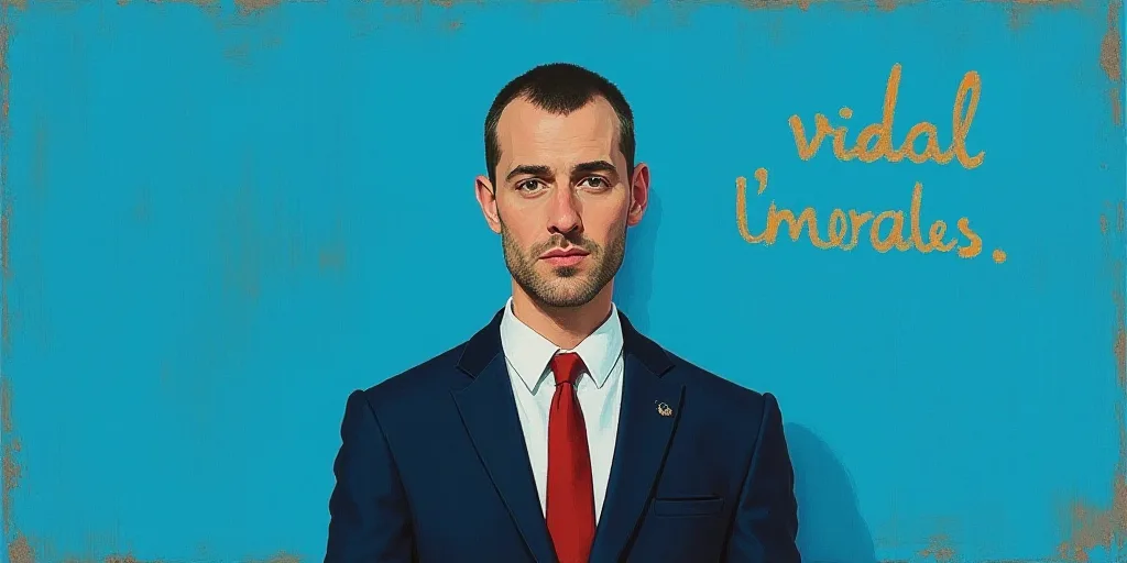 a man in a suit standing in front of a blue background with the words vidal llernas morales, Eduardo