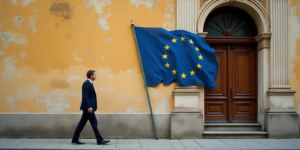 a man in a suit walking past a building with a european flag on it's side wall and a european flag o