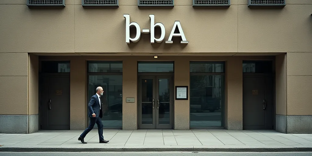 a man in a suit walking past a building with a sign that says b b a on it's front, Carlos Berlanga,