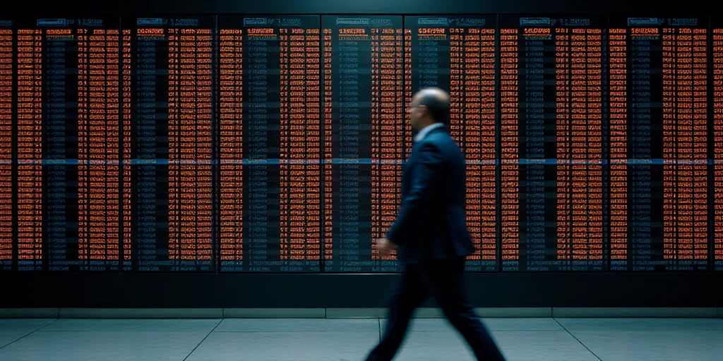 a man in a suit walking past a wall of stock information at a new york stock exchange building in ne